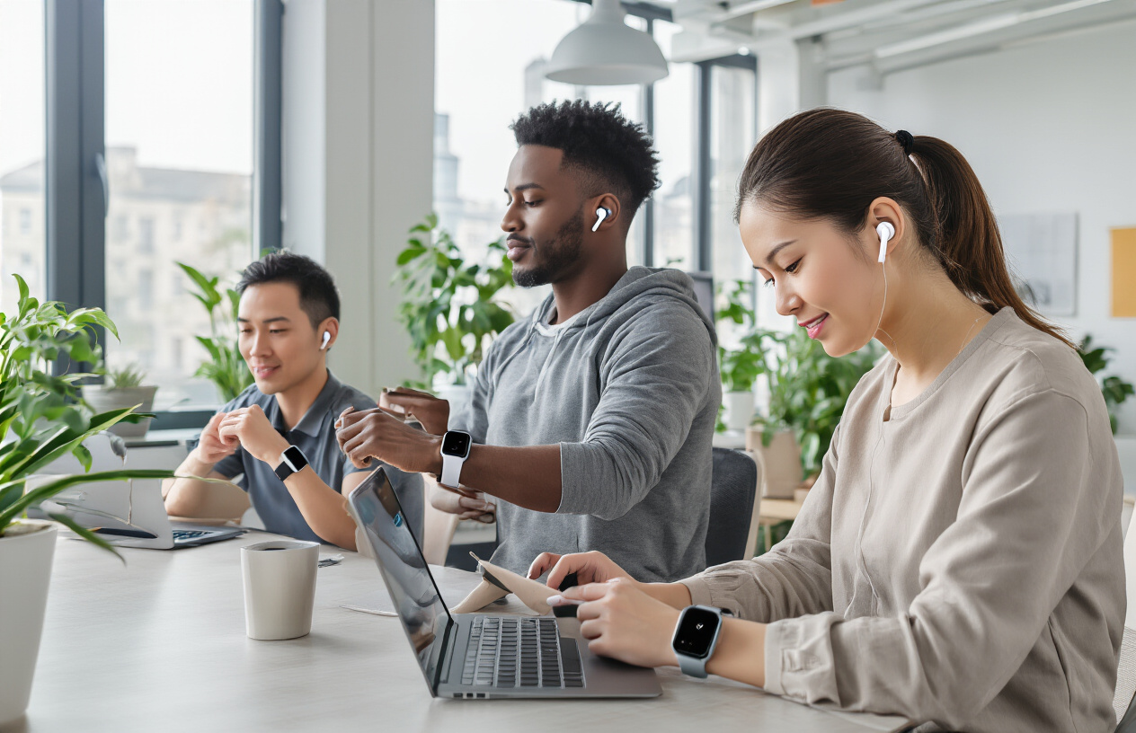 Create a realistic image of a diverse group of people wearing various smart wearable devices including fitness trackers, smartwatches, and wireless earbuds in a modern office environment, with a white female checking her smartwatch, a black male wearing fitness tracker while stretching, and an Asian female using wireless earbuds while working on a laptop, bright natural lighting from large windows, clean minimalist background with plants and modern furniture, professional yet relaxed atmosphere showing health and productivity focus, absolutely NO text should be in the scene.