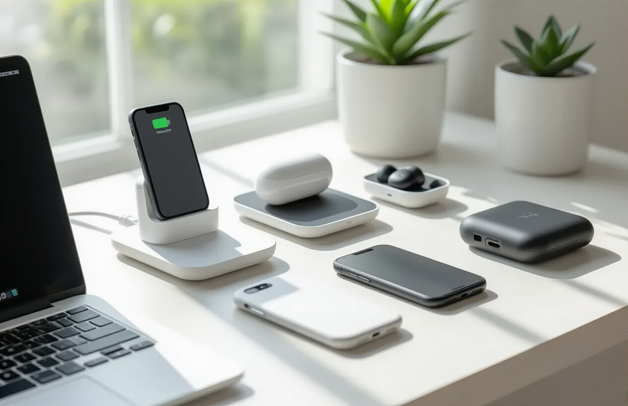 Create a realistic image of a modern desk setup featuring various mobile accessories including wireless charging pads, smartphone stands, wireless earbuds in their case, portable power banks, phone cases, and cable organizers neatly arranged on a clean white wooden surface, with soft natural lighting from a window creating gentle shadows, shot from a slightly elevated angle to showcase the accessories clearly, with a minimalist background featuring a blurred laptop and small potted plant, conveying a productive and organized digital lifestyle atmosphere, absolutely NO text should be in the scene.