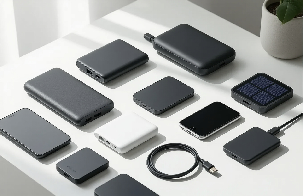 Create a realistic image of various portable charging devices including power banks, wireless charging pads, portable solar chargers, and USB cables neatly arranged on a clean white surface with a modern minimalist background, soft natural lighting from the side creating gentle shadows, showcasing the compact and sleek design of these essential tech accessories in an organized display that emphasizes their portability and convenience. Absolutely NO text should be in the scene.