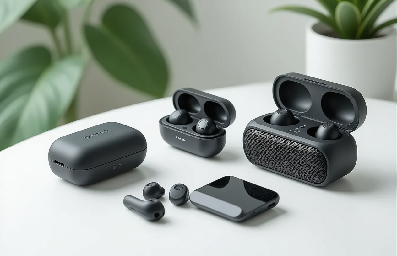 Create a realistic image of an assortment of compact audio and entertainment devices neatly arranged on a clean white surface, including wireless earbuds in their charging case, a small portable Bluetooth speaker, a compact music player, and tiny gaming device, all photographed from a slightly elevated angle with soft natural lighting casting gentle shadows, creating a modern and organized tech showcase atmosphere, absolutely NO text should be in the scene.