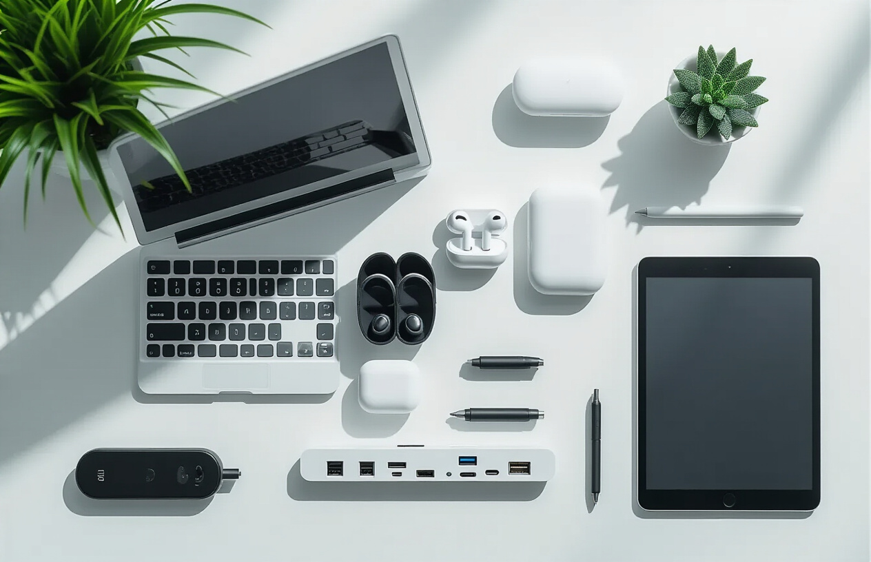 Create a realistic image of a clean white desk surface displaying an array of ultra-compact computing and productivity gadgets including a slim laptop computer, wireless earbuds in their charging case, a compact portable charger, a mini Bluetooth mouse, a small tablet with stylus, and a USB-C hub with multiple ports, all arranged in an organized flatlay composition with soft natural lighting from above casting subtle shadows, creating a modern minimalist tech workspace atmosphere, Absolutely NO text should be in the scene.