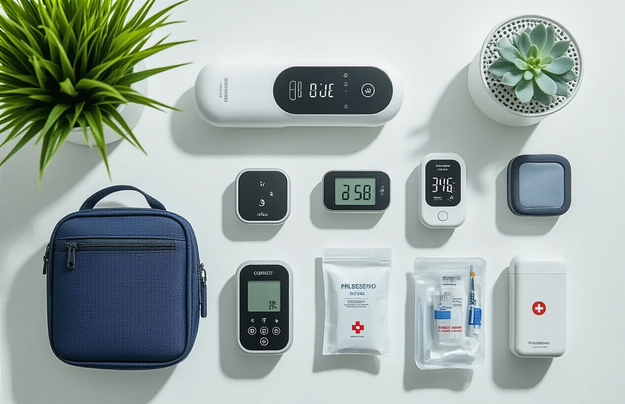 Create a realistic image of a collection of compact health and safety travel gadgets neatly arranged on a clean white surface, including a portable UV sanitizer, digital thermometer, mini first aid kit, compact blood pressure monitor, pulse oximeter, portable air purifier, and emergency whistle, with soft natural lighting from above creating gentle shadows, maintaining a modern and organized aesthetic that emphasizes portability and convenience, absolutely NO text should be in the scene.
