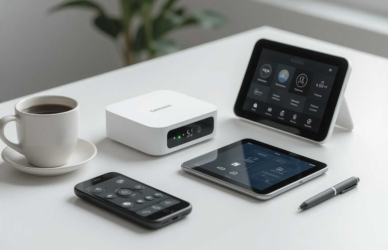 Create a realistic image of multiple compact smart home controllers arranged on a clean white surface, including a small rectangular smart hub with LED indicators, a pocket-sized universal remote with touchscreen, a mini tablet displaying home automation controls, and a smartphone showing smart home app interface, with soft natural lighting from above creating gentle shadows, modern minimalist background with subtle tech aesthetic, emphasizing the portable and space-saving nature of these devices through their small sizes relative to everyday objects like a coffee cup or pen placed nearby for scale. Absolutely NO text should be in the scene.