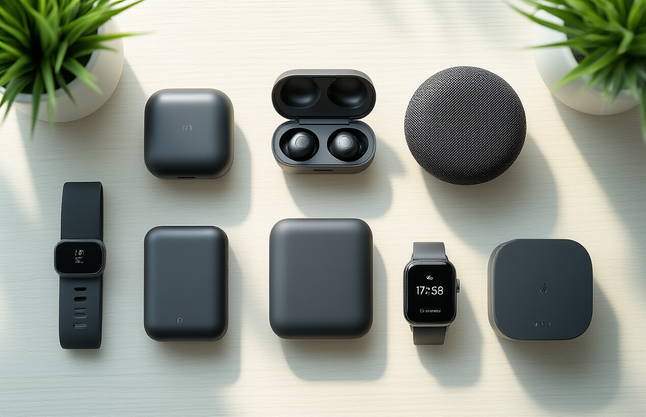Create a realistic image of a clean modern desk surface viewed from above showing an organized collection of compact tech gadgets including wireless earbuds in their charging case, a slim power bank, a foldable smartphone stand, a mini fitness tracker, a compact Bluetooth speaker, and a small smart home hub device, all arranged neatly on a white or light wood surface with soft natural lighting from the side creating gentle shadows, conveying a sense of organization and portability, with a minimalist background and warm professional atmosphere, absolutely NO text should be in the scene.