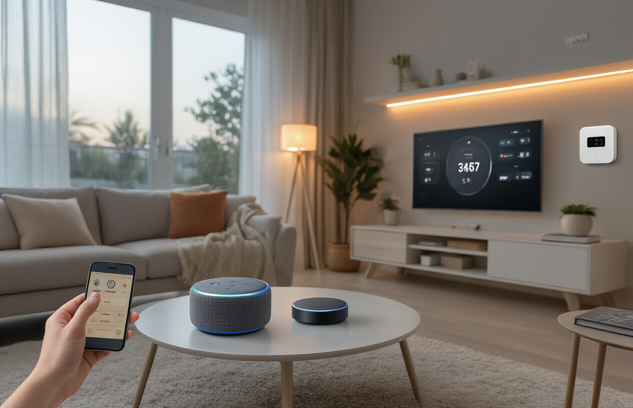 Create a realistic image of a modern living room showcasing multiple smart home devices including a voice assistant speaker on a coffee table, smart light bulbs providing warm ambient lighting, a smart thermostat mounted on the wall, a smartphone displaying a home automation app being held by a white female hand, smart plugs visible in wall outlets, and a tablet on a side table showing home control interface, all arranged in a clean contemporary home interior with soft natural lighting from a window, creating a comfortable and tech-enhanced living environment that demonstrates how technology seamlessly integrates into daily life, absolutely NO text should be in the scene.