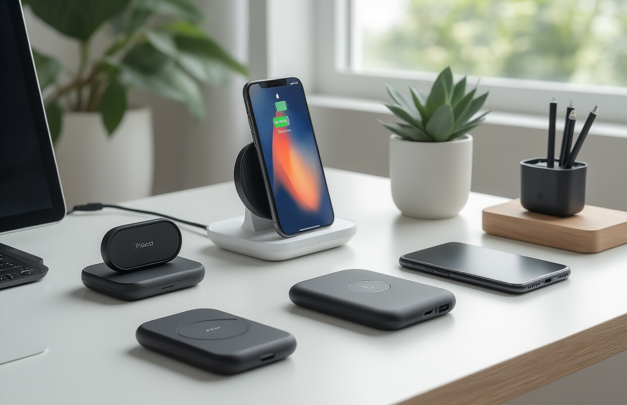 Create a realistic image of a modern desk setup featuring cutting-edge mobile accessories including wireless charging pads, smartphone stands, portable power banks, bluetooth earbuds in their case, a sleek phone grip, and cable organizers, all arranged neatly on a clean white or light wooden surface with soft natural lighting from a window, creating a professional and productive workspace atmosphere, with a smartphone prominently displayed using one of the accessories, absolutely NO text should be in the scene.