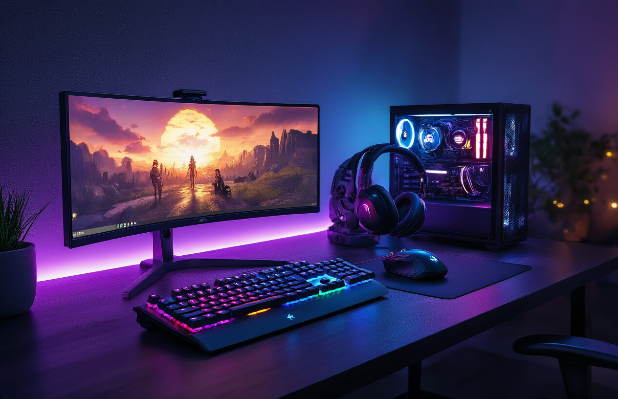 Create a realistic image of high-end gaming equipment arranged on a modern dark wooden desk including a curved ultrawide gaming monitor displaying vibrant game graphics, a mechanical RGB keyboard with colorful backlighting, a precision gaming mouse with LED accents, premium over-ear gaming headset with microphone, and a sleek gaming controller, with soft ambient LED strip lighting creating a purple and blue glow around the setup, shot in a dimly lit room to emphasize the glowing technology and create an immersive gaming atmosphere, absolutely NO text should be in the scene.