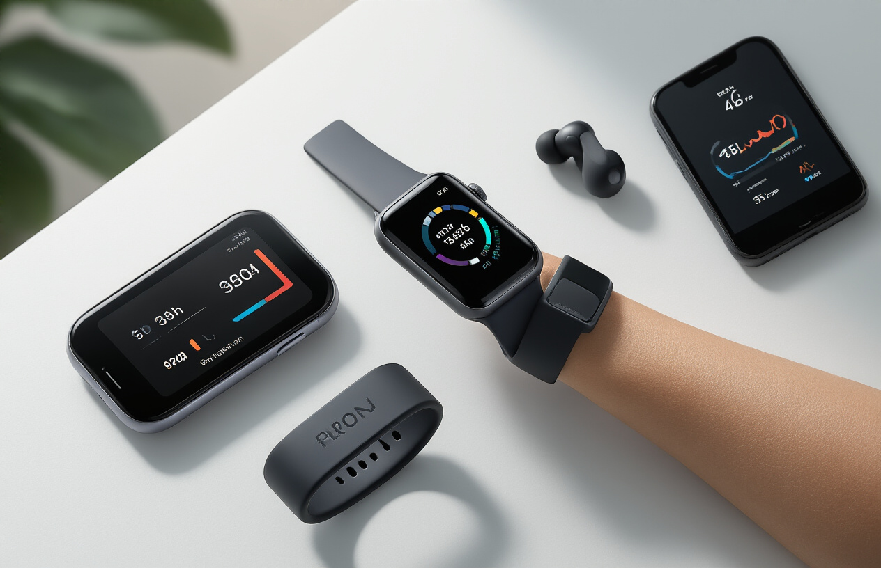 Create a realistic image of a modern fitness tracking setup featuring a smartwatch on someone's wrist displaying health metrics, wireless earbuds, a fitness tracker band, and a smartphone showing a health app interface, all arranged on a clean white surface with soft natural lighting from the side, creating a sleek and modern tech atmosphere that emphasizes the health monitoring capabilities of these wearable devices, absolutely NO text should be in the scene.
