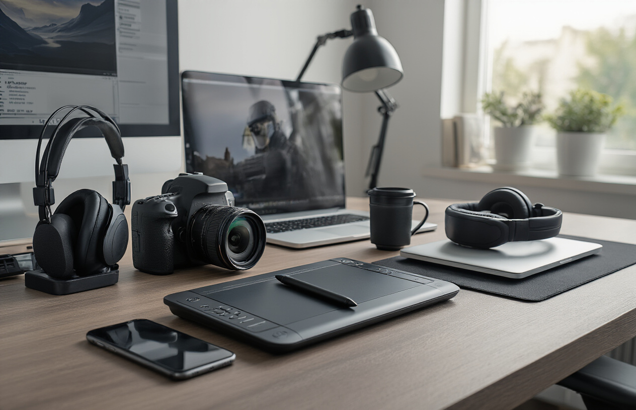 Create a realistic image of high-end professional gadgets arranged on a sleek modern desk including a premium graphics tablet with stylus, professional DSLR camera, wireless noise-canceling headphones, laptop computer, smartphone, and studio lighting equipment, set against a clean minimalist office background with soft natural lighting from a window, creating a sophisticated workspace atmosphere for creative professionals, absolutely NO text should be in the scene.