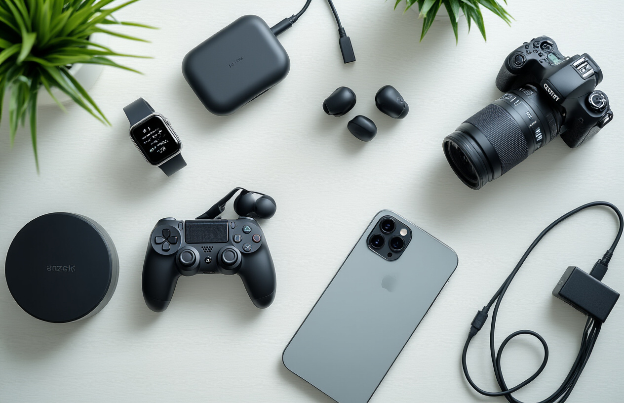 Create a realistic image of a modern flat lay arrangement showcasing diverse tech gadgets including a smartwatch, wireless earbuds, gaming controller, smartphone with sleek case, smart home device, and professional camera lens artfully arranged on a clean white wooden desk surface, with soft natural lighting from above creating gentle shadows, minimal background with subtle tech accessories like charging cables neatly organized, contemporary and sophisticated mood suggesting premium technology gifts, absolutely NO text should be in the scene.