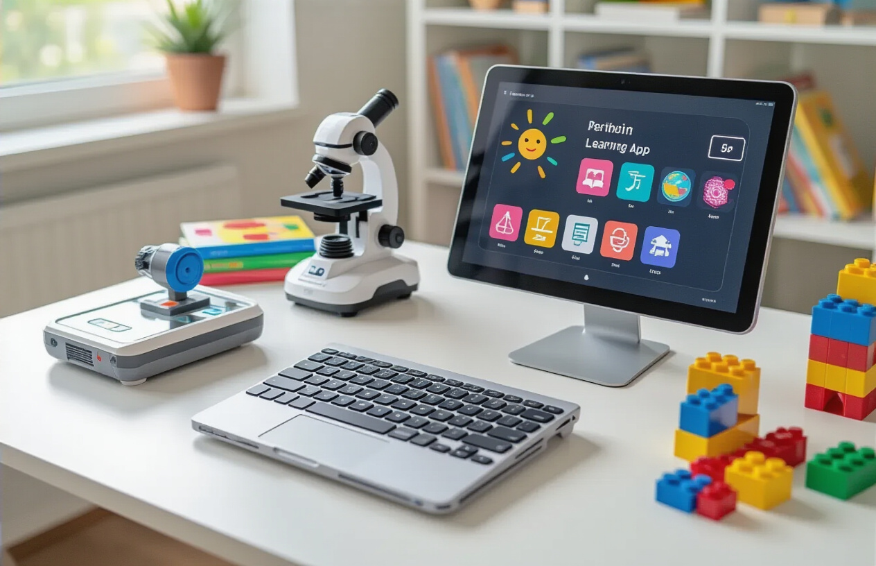 Create a realistic image of a modern classroom desk setup featuring various educational tech devices including a tablet displaying colorful learning apps, a kid-friendly laptop with large keys, an interactive coding robot toy, digital microscope, and smart building blocks, arranged on a clean white desk surface with soft natural lighting from a window, creating an inspiring learning environment that appeals to children and teenagers, with a blurred bookshelf background containing educational materials, absolutely NO text should be in the scene.