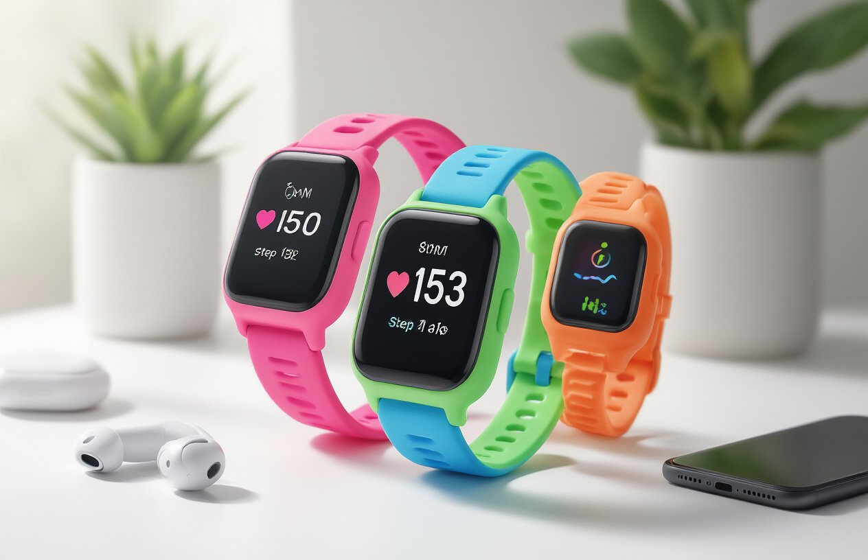 Create a realistic image of colorful fitness tracking smartwatches and activity bands designed for children and teenagers displayed on a clean white surface, featuring bright silicone bands in vibrant colors like pink, blue, green, and orange, with modern digital displays showing heart rate icons and step counters, surrounded by subtle tech accessories like wireless earbuds and a smartphone, soft natural lighting creating gentle shadows, modern minimalist background with subtle gradient, absolutely NO text should be in the scene.