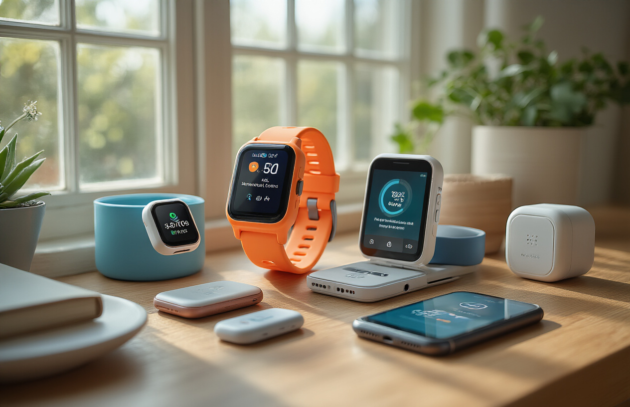Create a realistic image of a modern family setting showing various safety and communication technology devices for kids and teens arranged on a wooden desk, including a bright colored smartwatch, a GPS tracking device, a smartphone with parental control interface visible on screen, wireless earbuds, and a small emergency alert button, with soft natural lighting from a nearby window creating a warm and secure atmosphere, captured from a slight overhead angle to showcase all devices clearly, absolutely NO text should be in the scene.