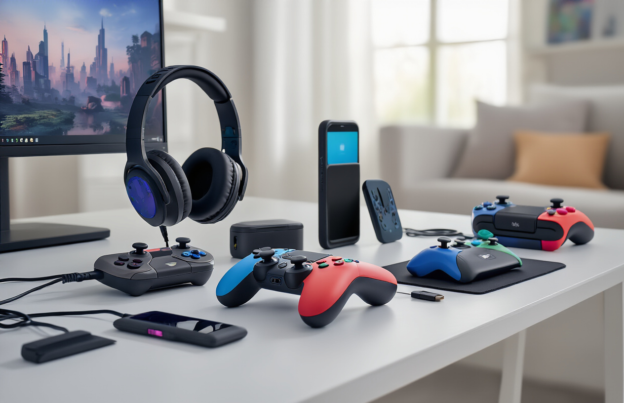 Create a realistic image of a modern gaming setup displaying various age-appropriate tech accessories for children and teenagers, including wireless gaming headphones, colorful gaming controllers, a portable gaming device, smartphone with protective case, tablet with stylus, gaming mouse pad, and charging cables neatly arranged on a clean white desk surface, with soft natural lighting from a nearby window creating gentle shadows, and a blurred background showing a contemporary bedroom setting. Absolutely NO text should be in the scene.