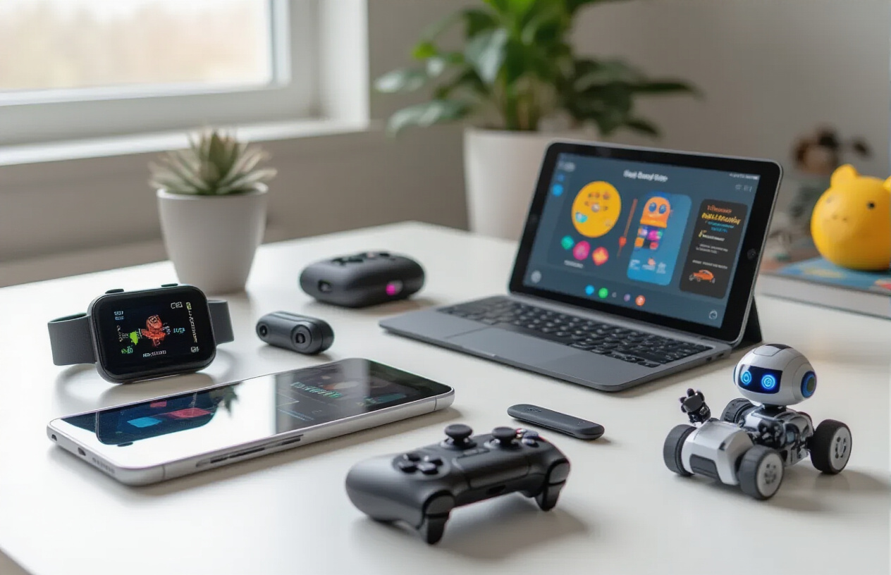 Create a realistic image of a diverse collection of modern tech gadgets for kids and teens arranged on a clean white desk surface, including a tablet displaying colorful educational content, wireless earbuds, a smartwatch, a portable gaming controller, and a small robot toy, with soft natural lighting from a window creating gentle shadows, captured from a slightly elevated angle to showcase all devices clearly, with a minimalist modern room background slightly blurred, conveying an organized and appealing tech showcase atmosphere, absolutely NO text should be in the scene.