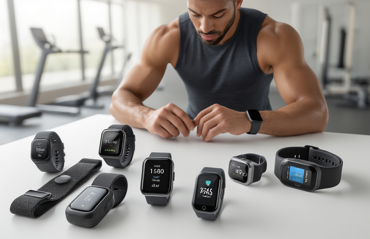 Create a realistic image of a collection of modern fitness tracking wearables including smartwatches, fitness bands, and heart rate monitors displayed on a clean white surface, with a black male athlete in workout attire checking his smartwatch in the background, soft natural lighting from a window, modern gym equipment blurred in the background, creating a motivational and tech-focused atmosphere that emphasizes the transformation of workout experiences through wearable technology, absolutely NO text should be in the scene.