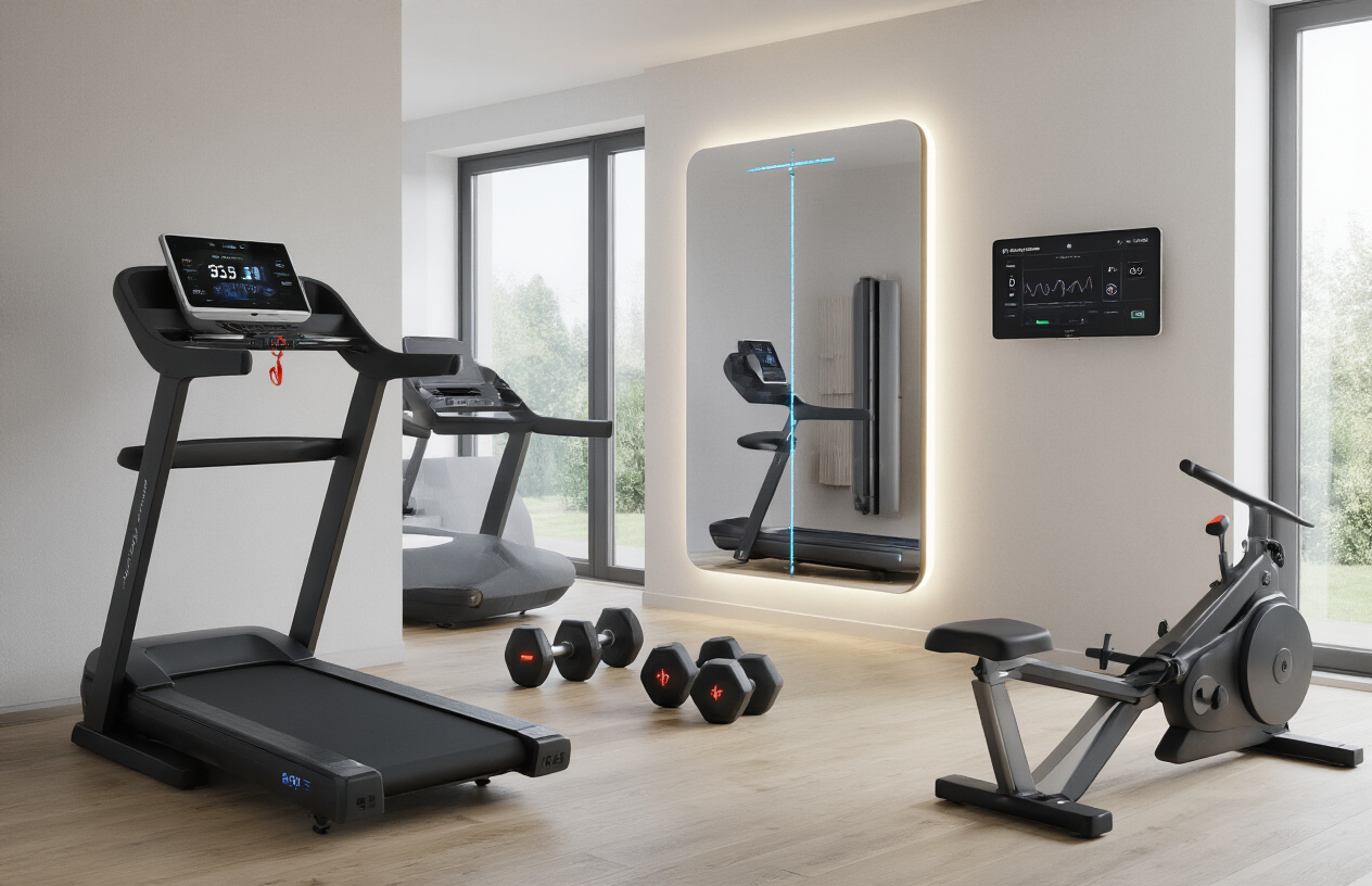 Create a realistic image of a modern smart home gym setup featuring high-tech fitness equipment including a sleek smart treadmill with digital display, an AI-powered mirror workout system, smart dumbbells with LED indicators, a connected rowing machine, and a wall-mounted fitness monitor showing workout data, all arranged in a clean, well-lit contemporary room with minimalist design, wooden floors, and large windows providing natural lighting, emphasizing the integration of technology and fitness equipment for efficient training, absolutely NO text should be in the scene.