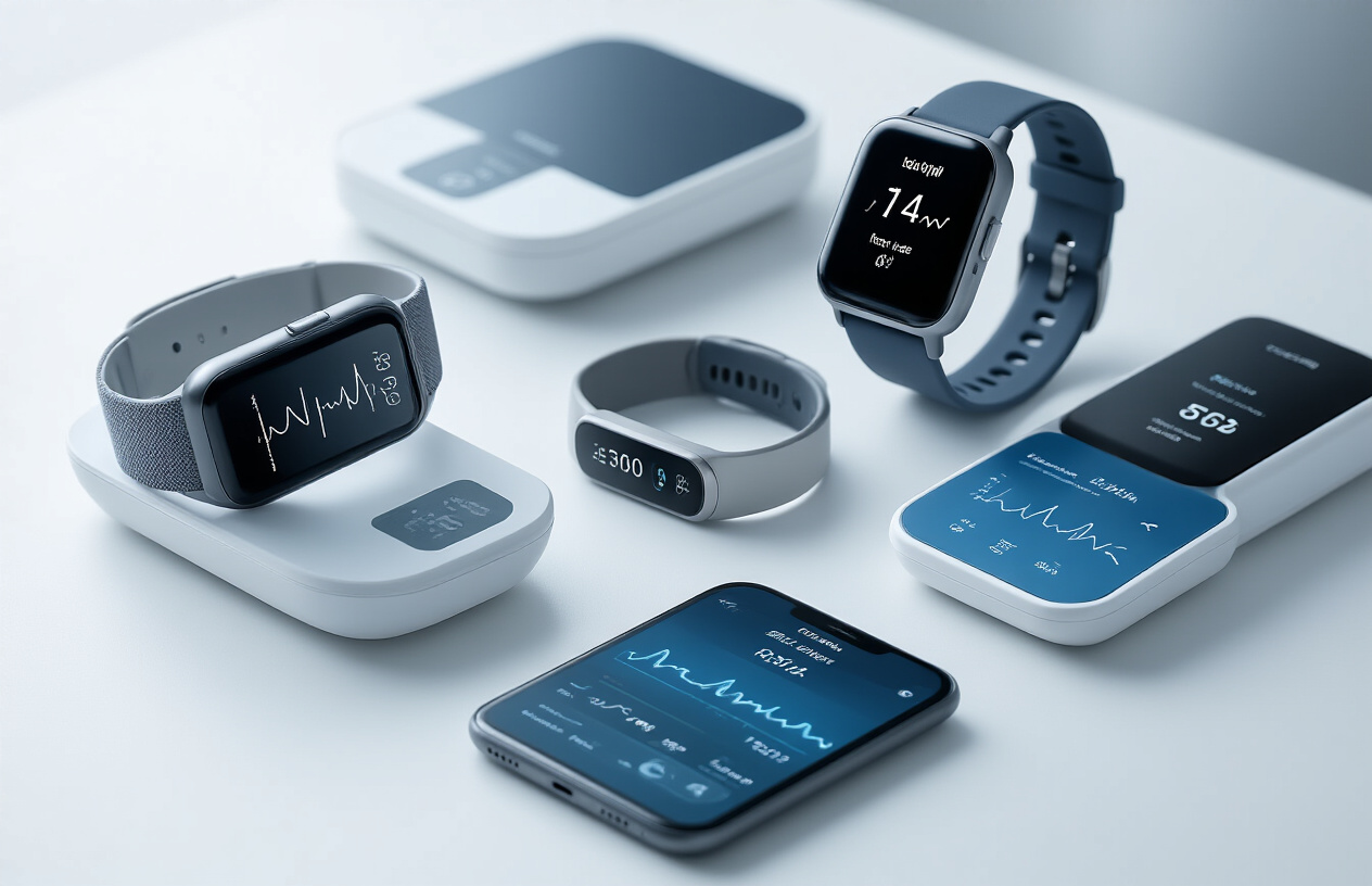 Create a realistic image of a collection of modern health monitoring devices arranged on a clean white surface, including a smartwatch displaying heart rate data, a fitness tracker band, a digital blood pressure monitor, a smart scale, a pulse oximeter, and a smartphone showing a health app dashboard, with soft natural lighting from the side creating gentle shadows, shot from a slightly elevated angle to showcase all devices clearly, in a minimalist healthcare setting with a subtle blue and white color scheme, absolutely NO text should be in the scene.