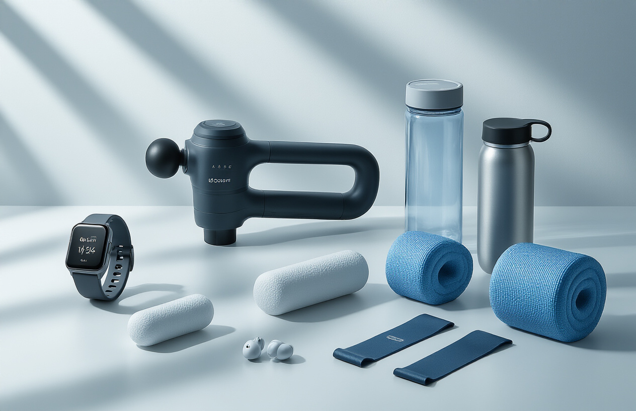 Create a realistic image of modern recovery and performance enhancement gadgets arranged on a clean white surface including a percussion massage gun, compression recovery boots, a fitness tracker watch, wireless earbuds, a foam roller, resistance bands, and a smart water bottle, with soft natural lighting from above creating gentle shadows, in a minimalist healthcare technology aesthetic with subtle blue and white color tones, absolutely NO text should be in the scene.
