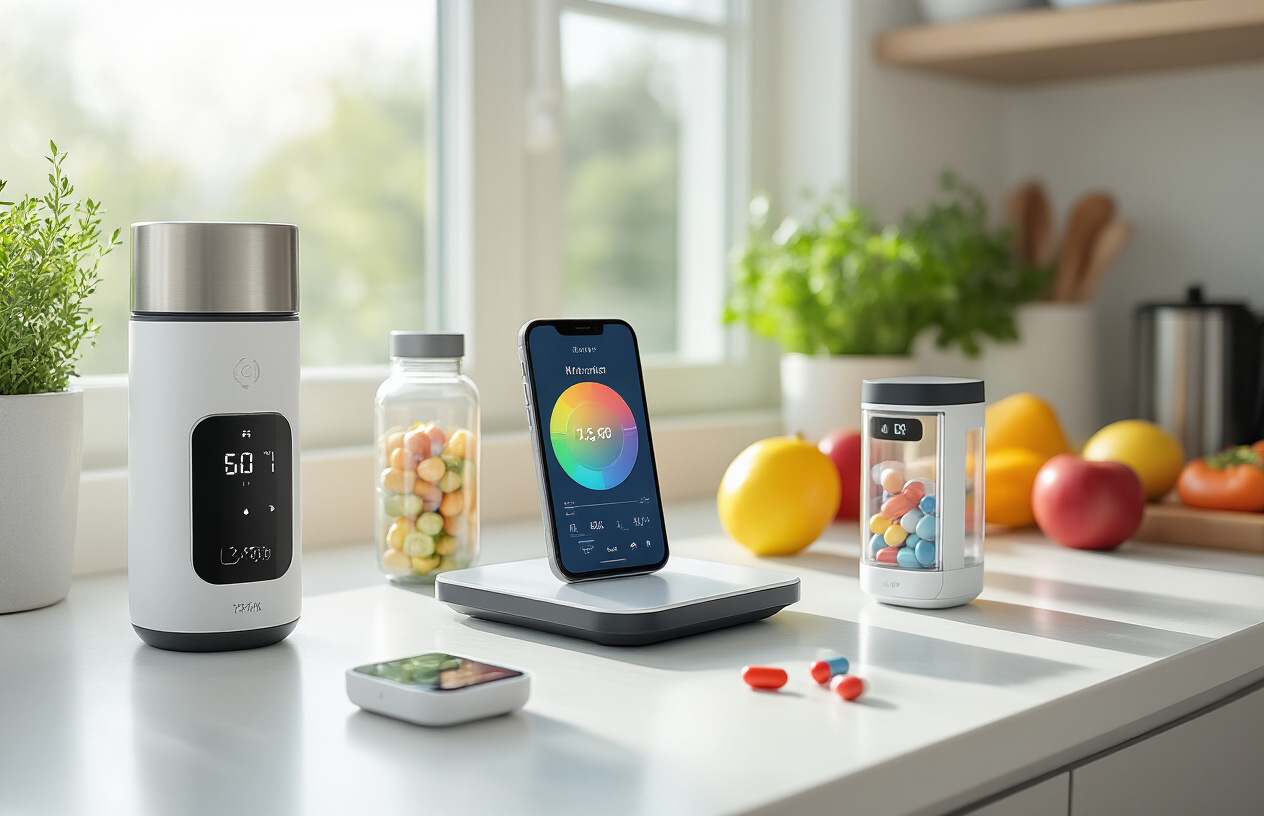 Create a realistic image of modern nutrition and hydration technology gadgets arranged on a clean white kitchen counter, including a smart water bottle with LED indicators, a digital nutrition scale, a smartphone displaying a colorful nutrition tracking app interface, smart supplements in high-tech pill dispensers, and a sleek hydration reminder device, with soft natural lighting from a nearby window creating gentle shadows, and fresh fruits and vegetables subtly placed in the background to emphasize healthy eating, absolutely NO text should be in the scene.