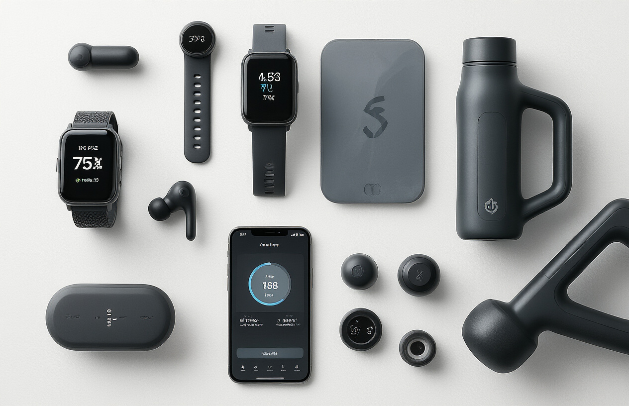 Create a realistic image of a modern flat lay arrangement on a clean white surface featuring various health and fitness tech gadgets including a smartwatch, fitness tracker, wireless earbuds, a smart water bottle, a smartphone displaying a health app interface, a compact smart scale, and a massage gun, all positioned in an organized and aesthetically pleasing composition with soft natural lighting casting gentle shadows, creating a premium and sophisticated technology showcase atmosphere, absolutely NO text should be in the scene.