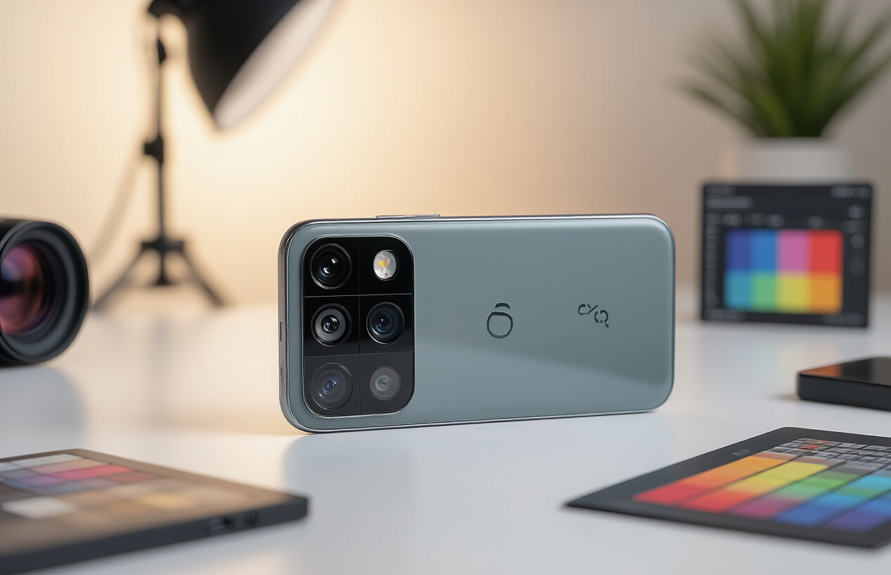 Create a realistic image of a Google Pixel 10 Pro smartphone positioned at a slight angle on a clean white surface, with the camera module prominently displayed showing multiple camera lenses, LED flash, and sensors in sharp detail, surrounded by subtle technical photography equipment like a macro lens and color calibration chart in soft focus, with professional studio lighting creating gentle shadows and highlighting the phone's premium build quality and camera system features, absolutely NO text should be in the scene.
