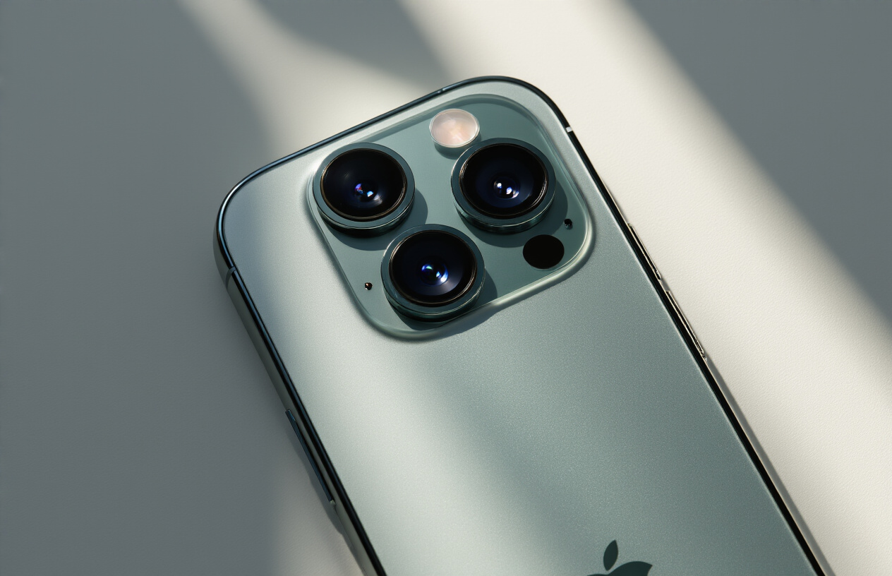 Create a realistic image of an iPhone 16 positioned at a slight angle on a clean white surface, showcasing its distinctive camera system with multiple lenses clearly visible, professional studio lighting highlighting the camera module details and premium build quality, minimalist background with soft shadows, focusing attention on the phone's rear camera array and sleek design, absolutely NO text should be in the scene.