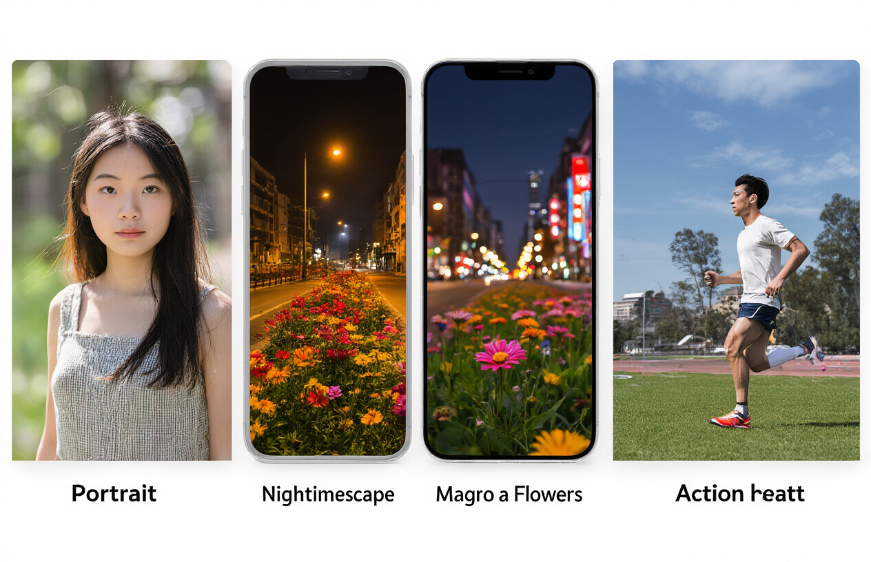 Create a realistic image of a split-screen comparison showing the same photographic scenes captured by two different smartphones, featuring four different photography scenarios: a portrait of a young Asian woman in natural daylight, a nighttime cityscape with street lights and neon signs, a close-up macro shot of colorful flowers in a garden, and an action shot of a white male athlete running in a park, with each scenario displayed as side-by-side photo samples on a clean white background, professional lighting, absolutely NO text should be in the scene.