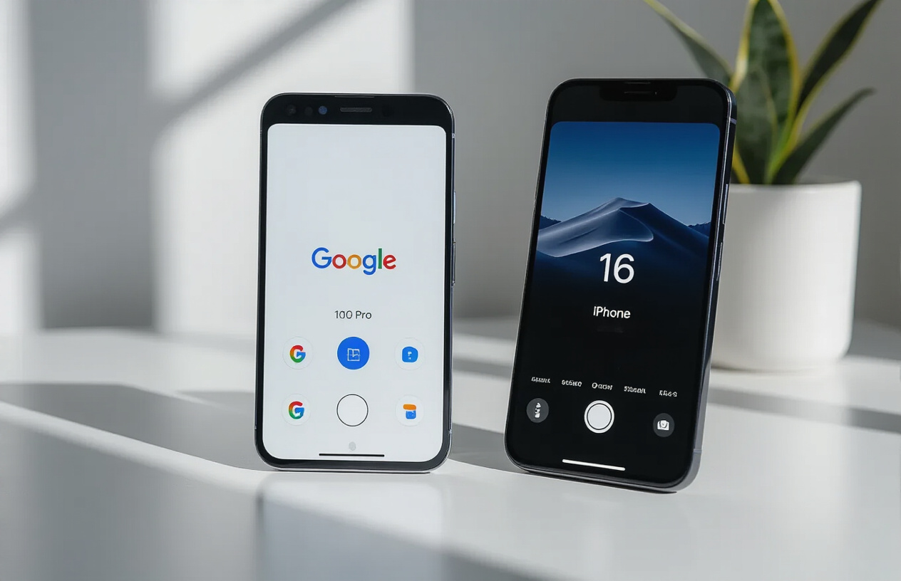 Create a realistic image of two smartphones side by side on a clean white desk surface, showing the Google Pixel 10 Pro on the left and iPhone 16 on the right, both displaying their respective camera app interfaces with viewfinders active, professional studio lighting creating soft shadows, modern minimalist background, shot from a slightly elevated angle to clearly show both camera app screens and phone designs, Absolutely NO text should be in the scene.
