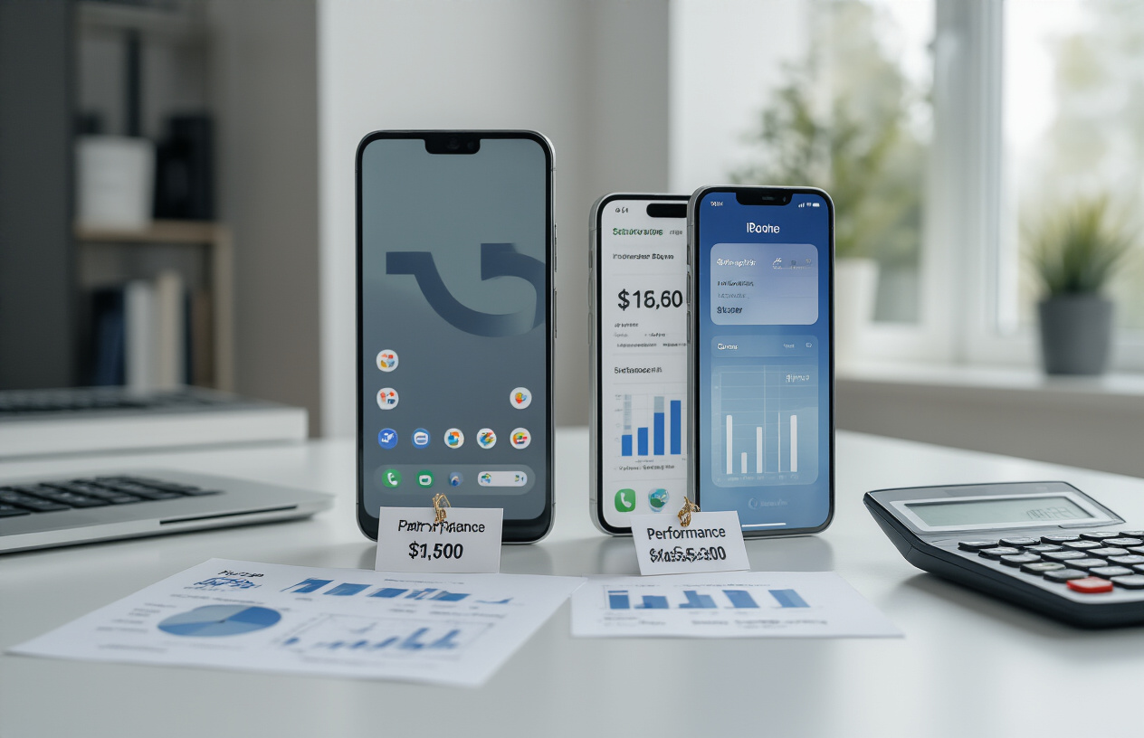 Create a realistic image of two smartphones, a Google Pixel 10 Pro and iPhone 16, positioned side by side on a clean white desk surface with price tags displaying dollar amounts attached to each device, surrounded by performance charts, graphs, and calculator showing value calculations, with a professional office environment in the background featuring soft natural lighting from a window, creating a business analysis atmosphere that conveys cost-benefit comparison, absolutely NO text should be in the scene.