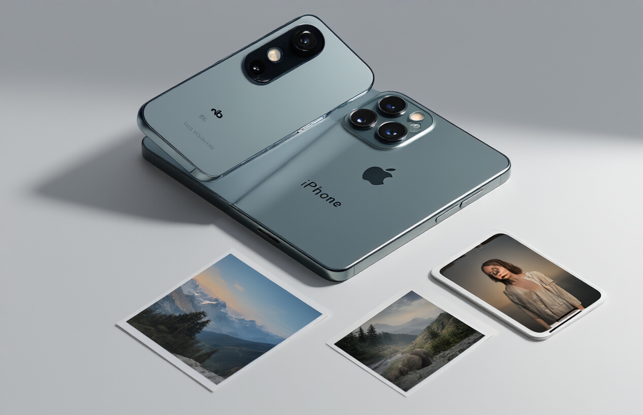 Create a realistic image of two premium smartphones placed side by side on a clean white surface, with the left phone displaying the Google Pixel 10 Pro's distinctive camera bar and the right phone showing the iPhone 16's diagonal camera system, both phones angled slightly toward each other with soft professional lighting highlighting their camera modules, a subtle gradient background transitioning from light gray to white, with a few sample photos scattered artfully around the phones showing various photography scenarios like portraits, landscapes, and low-light shots, creating a tech review conclusion atmosphere that suggests a final comparison verdict, absolutely NO text should be in the scene.