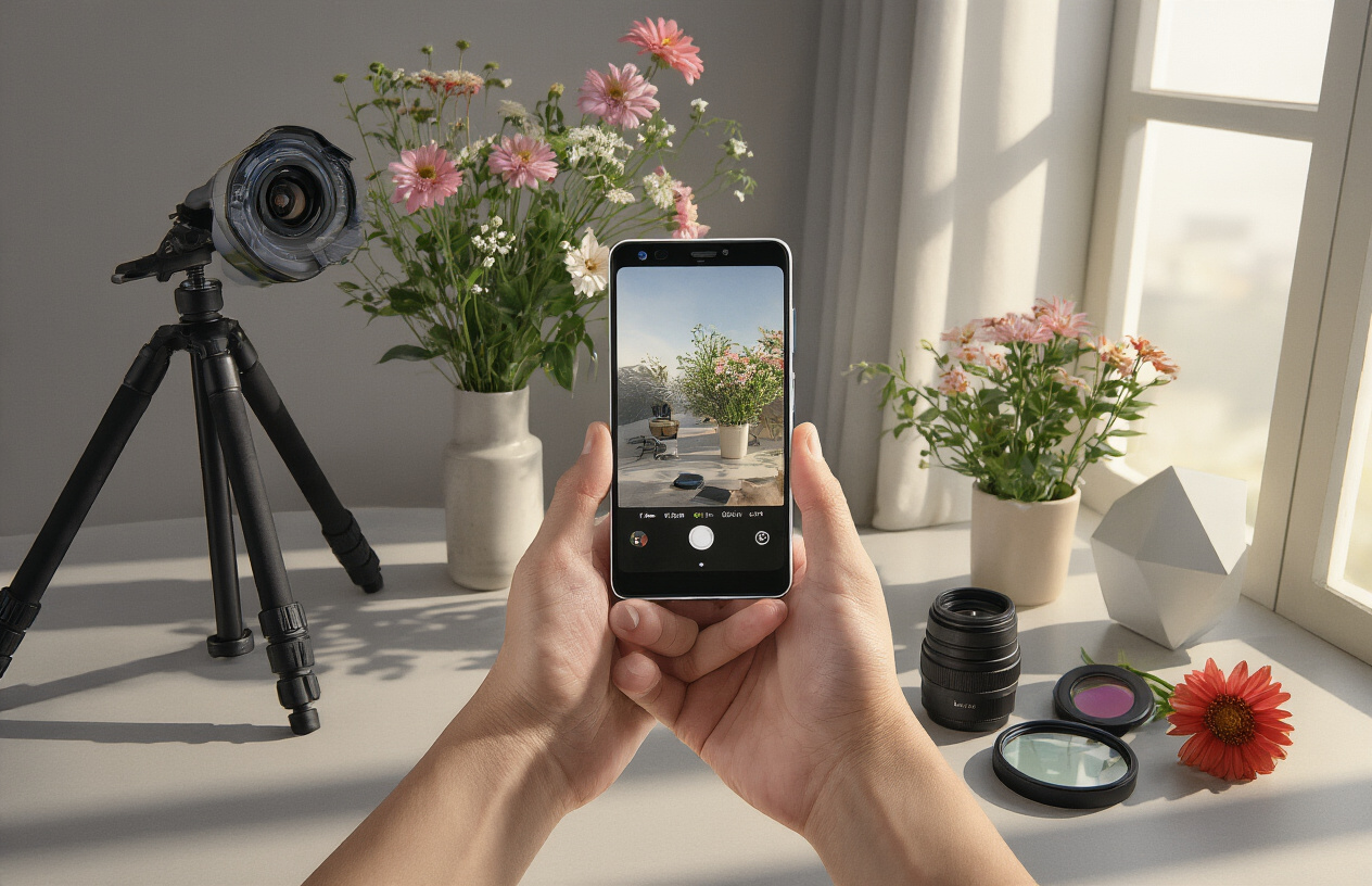 Create a realistic image of a Google Pixel 10 Pro smartphone held in hands capturing a stunning photograph, with the phone's camera module prominently visible and displaying advanced photography features on the screen, surrounded by professional photography equipment like a tripod and lens filters on a modern desk, with soft natural lighting from a window creating dramatic shadows and highlights that showcase the phone's camera capabilities, and various photography subjects like flowers and geometric objects arranged in the background to demonstrate different shooting scenarios, Absolutely NO text should be in the scene.
