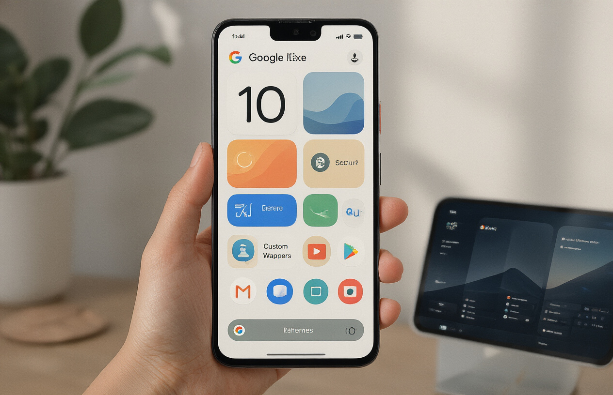 Create a realistic image of a Google Pixel 10 Pro smartphone held by hands showing its customized display interface with unique widgets, modified icons, and personalized theme colors, with the phone screen prominently displaying various interface customization options like dynamic wallpapers, custom app layouts, and hidden settings menus, shot in clean modern lighting against a minimal tech workspace background with soft shadows, absolutely NO text should be in the scene.