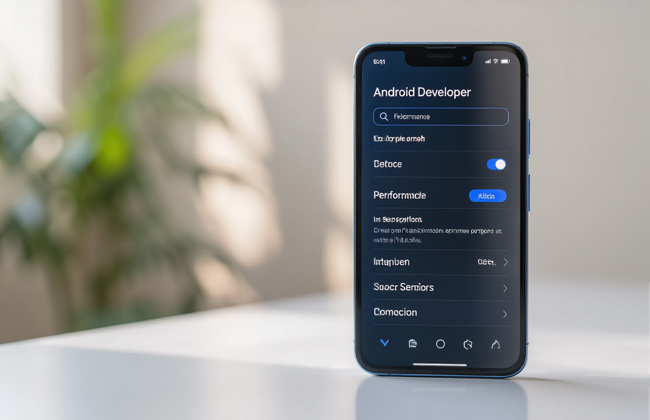 Create a realistic image of a Google Pixel 10 Pro smartphone displaying the Android Developer Options settings menu on its screen, with the phone positioned at a slight angle on a clean white desk surface, showing various performance-related toggle switches and options visible on the bright OLED display, with subtle blue accent lighting reflecting off the phone's sleek glass back, creating a modern tech atmosphere with soft shadows, shot in crisp detail with professional lighting that highlights the premium build quality of the device, absolutely NO text should be in the scene.
