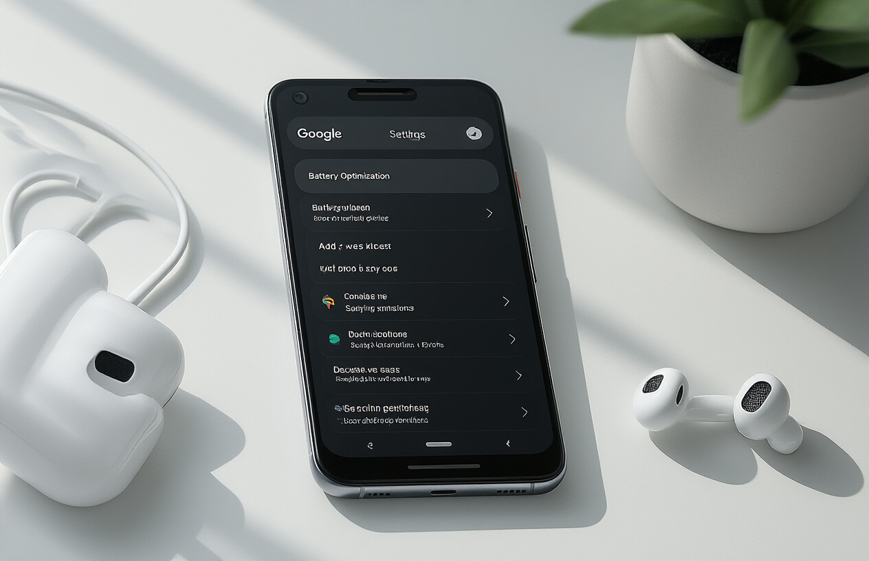 Create a realistic image of a Google Pixel 10 Pro smartphone lying on a clean white desk surface with the device's settings menu visible on the screen showing battery optimization options, surrounded by subtle tech accessories like wireless earbuds and a charging cable, with soft natural lighting from a nearby window creating gentle shadows, and a minimalist modern workspace background with blurred elements, conveying a focused and technical mood about discovering advanced phone features, absolutely NO text should be in the scene.