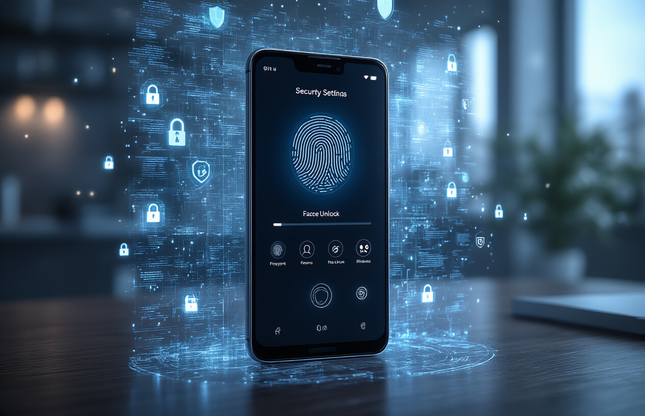 Create a realistic image of a sleek Google Pixel 10 Pro smartphone positioned at a slight angle on a dark wooden desk surface, with its screen displaying a security settings interface featuring fingerprint, face unlock, and shield icons, surrounded by subtle holographic security elements like digital locks, encrypted data streams, and protective barriers floating around the device, set against a modern tech office background with soft blue ambient lighting that emphasizes the advanced security technology, creating a sophisticated and secure atmosphere, absolutely NO text should be in the scene.
