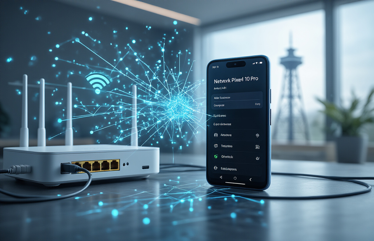 Create a realistic image of a modern Google Pixel 10 Pro smartphone displaying network connectivity settings on its screen, positioned on a sleek desk surface with Wi-Fi router, ethernet cables, and 5G signal tower visible in the background, surrounded by subtle blue and green glowing network connection lines flowing through the air, shot in clean modern lighting with a tech-focused professional atmosphere, absolutely NO text should be in the scene.