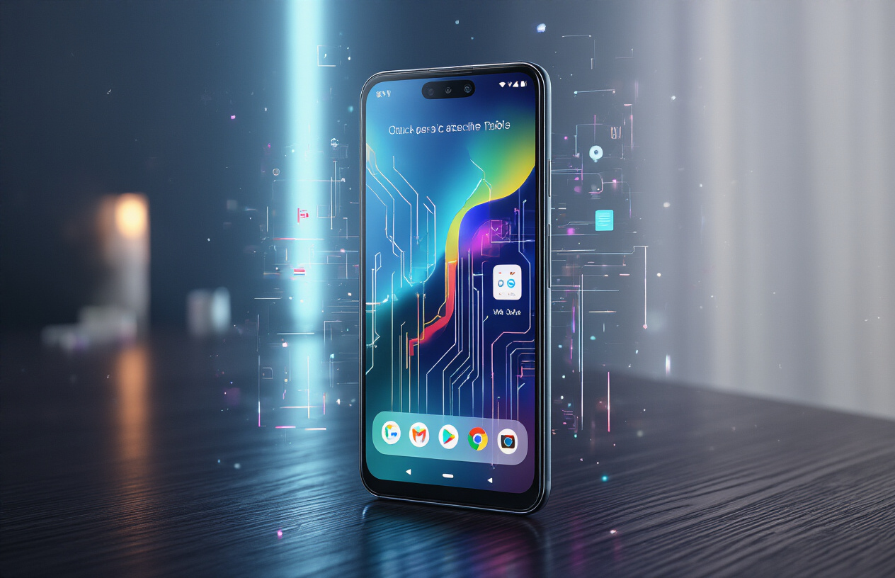 Create a realistic image of a sleek Google Pixel 10 Pro smartphone positioned at an angle on a modern dark wooden desk surface, with the phone's screen displaying a vibrant interface with multiple colorful app icons and settings panels visible, surrounded by subtle digital overlay effects like glowing circuit patterns and translucent geometric shapes floating around the device, soft ambient lighting creating gentle reflections on the phone's glass surface, clean minimalist background with a gradient from deep blue to black, the scene conveying a sense of technological sophistication and hidden capabilities being unlocked, absolutely NO text should be in the scene.