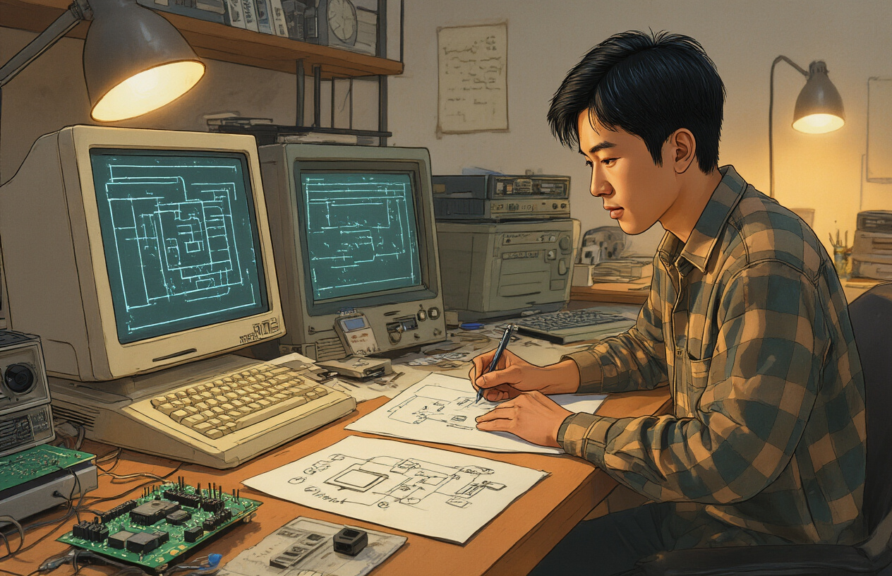 Create a realistic image of a young Asian male entrepreneur in his 30s sitting at a desk in a 1990s office environment, sketching computer chip designs and circuit diagrams on paper, with early computer equipment and electronics components scattered around the workspace, warm indoor lighting creating an innovative and determined mood, capturing the essence of tech startup founding era with vintage computers and development boards visible in the background, absolutely NO text should be in the scene.