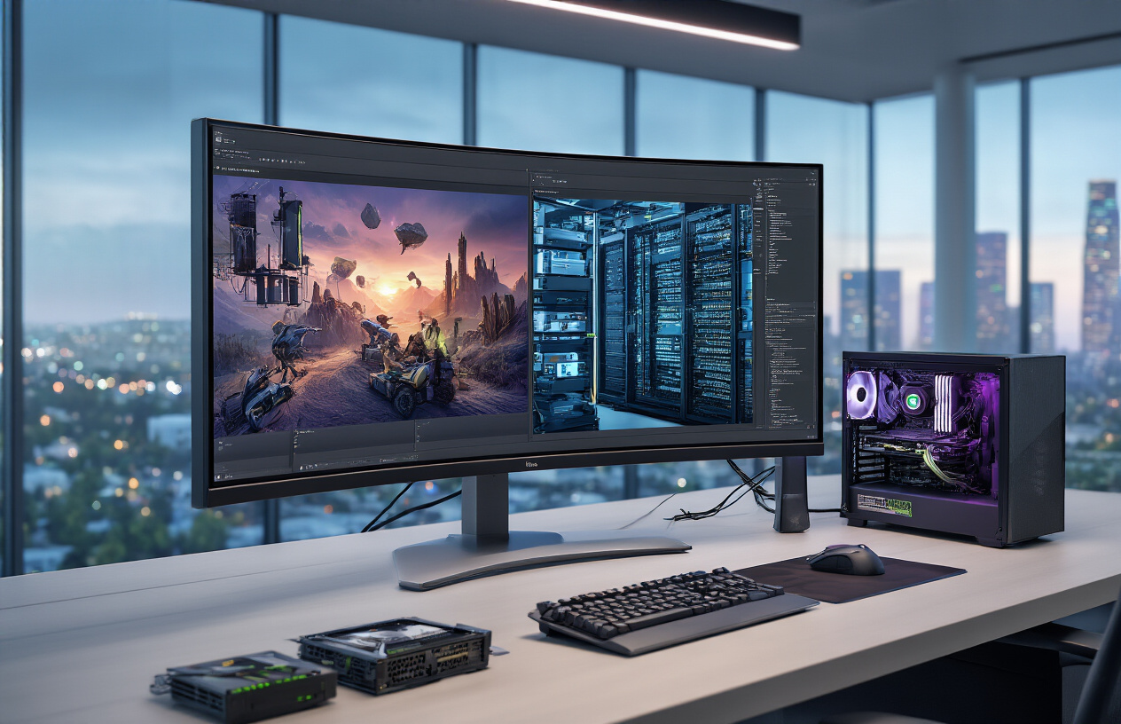 Create a realistic image of a modern tech executive's office with a large curved monitor displaying a split-screen view showing gaming graphics on one side transitioning to data center server racks and AI neural network visualizations on the other side, with NVIDIA graphics cards and computer components arranged on a sleek desk, soft ambient lighting creating a professional atmosphere, and a subtle background showing Silicon Valley tech campus buildings through floor-to-ceiling windows, absolutely NO text should be in the scene.