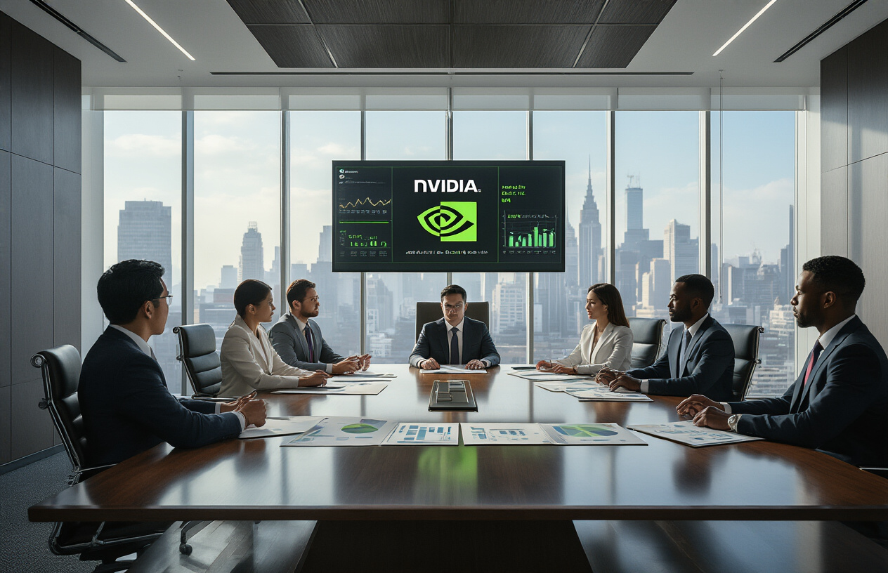 Create a realistic image of a modern corporate boardroom with a large polished conference table surrounded by executive chairs, featuring strategic documents and charts spread across the table surface, with a large wall-mounted screen displaying NVIDIA's green logo and growth charts, floor-to-ceiling windows showing a city skyline in the background, professional lighting creating a serious business atmosphere, and a few diverse business executives including an Asian male, white female, and black male in suits engaged in discussion around the table, absolutely NO text should be in the scene.