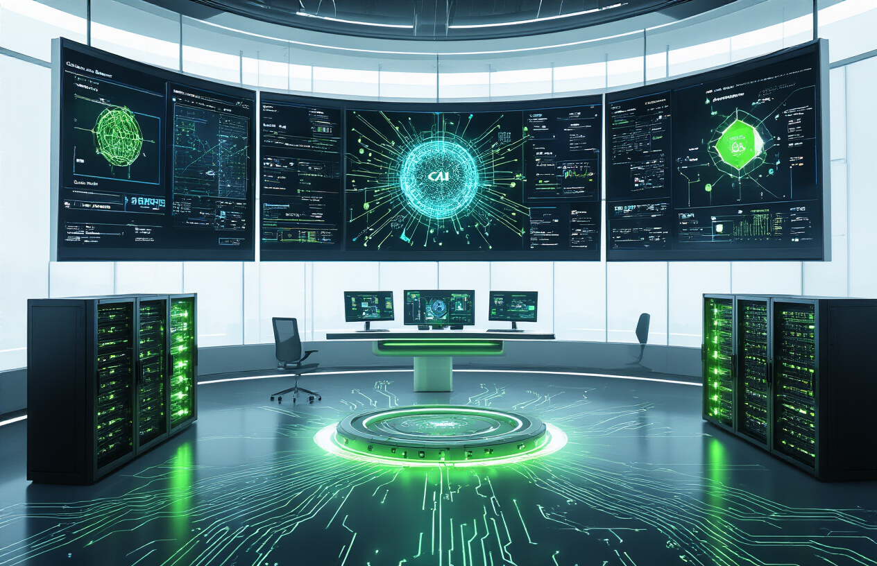 Create a realistic image of a futuristic technology command center with multiple large wall-mounted screens displaying AI neural network visualizations, data flows, and interconnected nodes, featuring sleek NVIDIA graphics cards and server racks with glowing green LED lights, modern workstations with holographic displays showing AI algorithms, a central hub design with radiating connections symbolizing NVIDIA's position at the center of AI innovation, dramatic blue and green lighting creating a high-tech atmosphere, clean minimalist architecture with glass and metal surfaces, and subtle circuit board patterns integrated into the floor design, absolutely NO text should be in the scene.