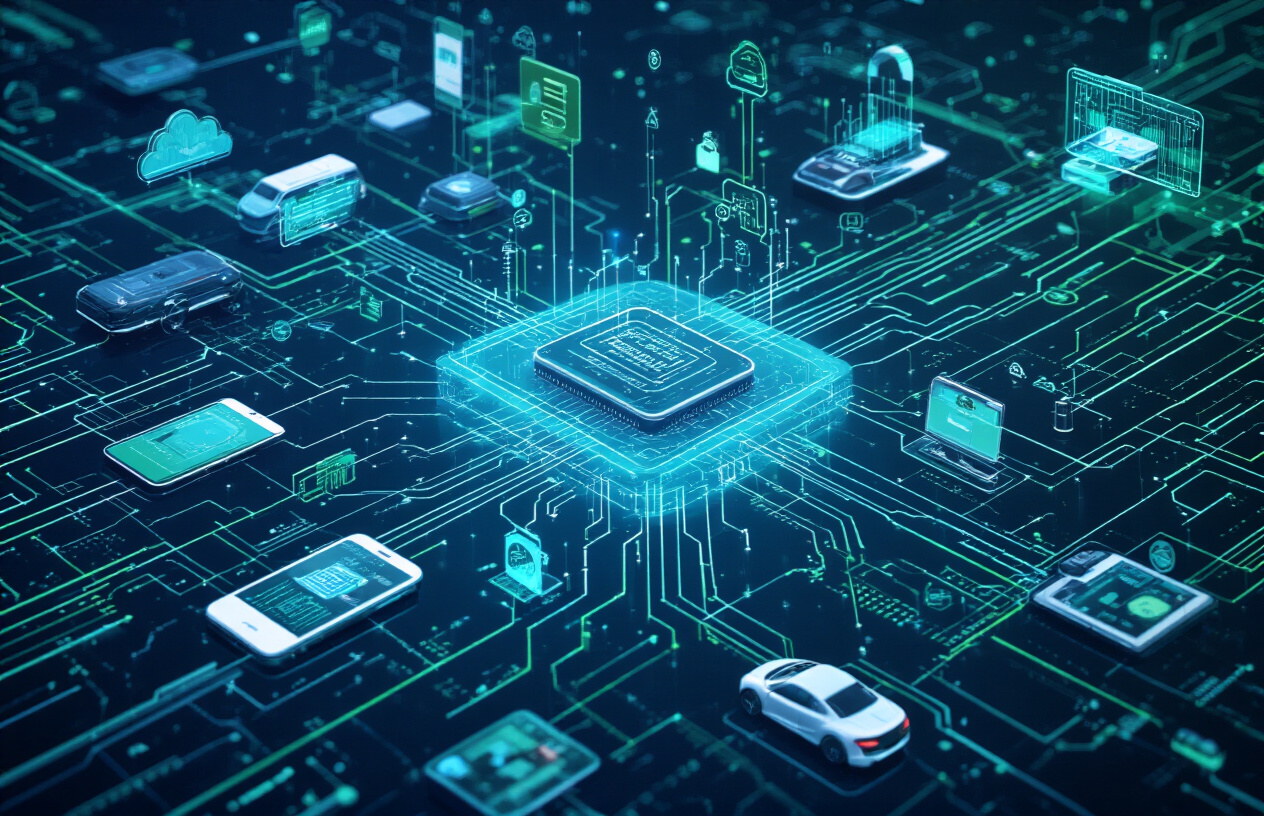 Create a realistic image of a sophisticated technology ecosystem visualization showing interconnected digital networks, cloud computing infrastructure, software platforms, and AI applications flowing from computer hardware components, with holographic-style data streams connecting various tech devices like smartphones, autonomous vehicles, data centers, and robotic systems against a modern dark blue technological background with subtle green circuit patterns, emphasizing the expansion from physical hardware into a comprehensive digital ecosystem. Absolutely NO text should be in the scene.