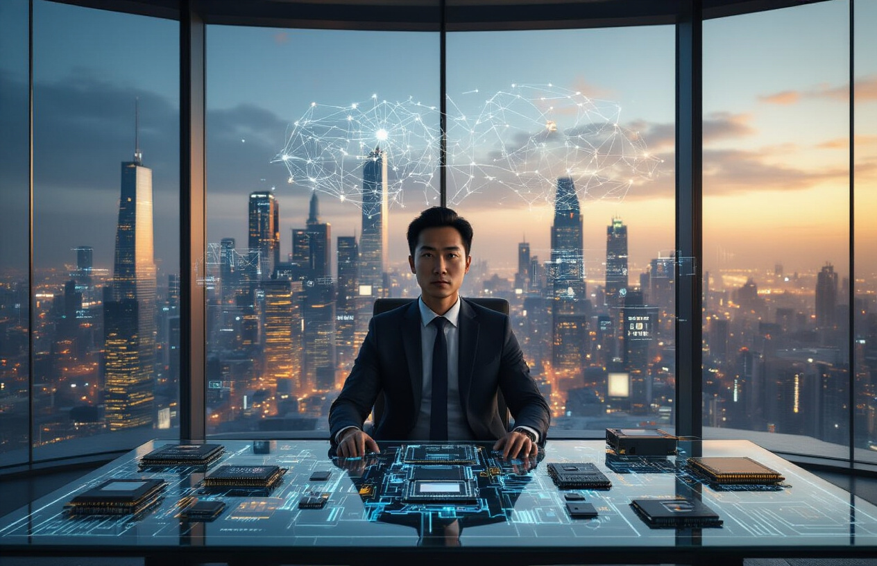 Create a realistic image of a modern tech executive's office with a sleek glass desk displaying multiple advanced computer chips and circuit boards, behind which sits a confident Asian male businessman in a dark suit looking toward the camera, with floor-to-ceiling windows showing a futuristic cityscape filled with illuminated skyscrapers and digital displays, while holographic AI neural network visualizations float subtly in the air around the room, creating an atmosphere of technological innovation and corporate success with warm ambient lighting that emphasizes the golden hour glow from outside, absolutely NO text should be in the scene.