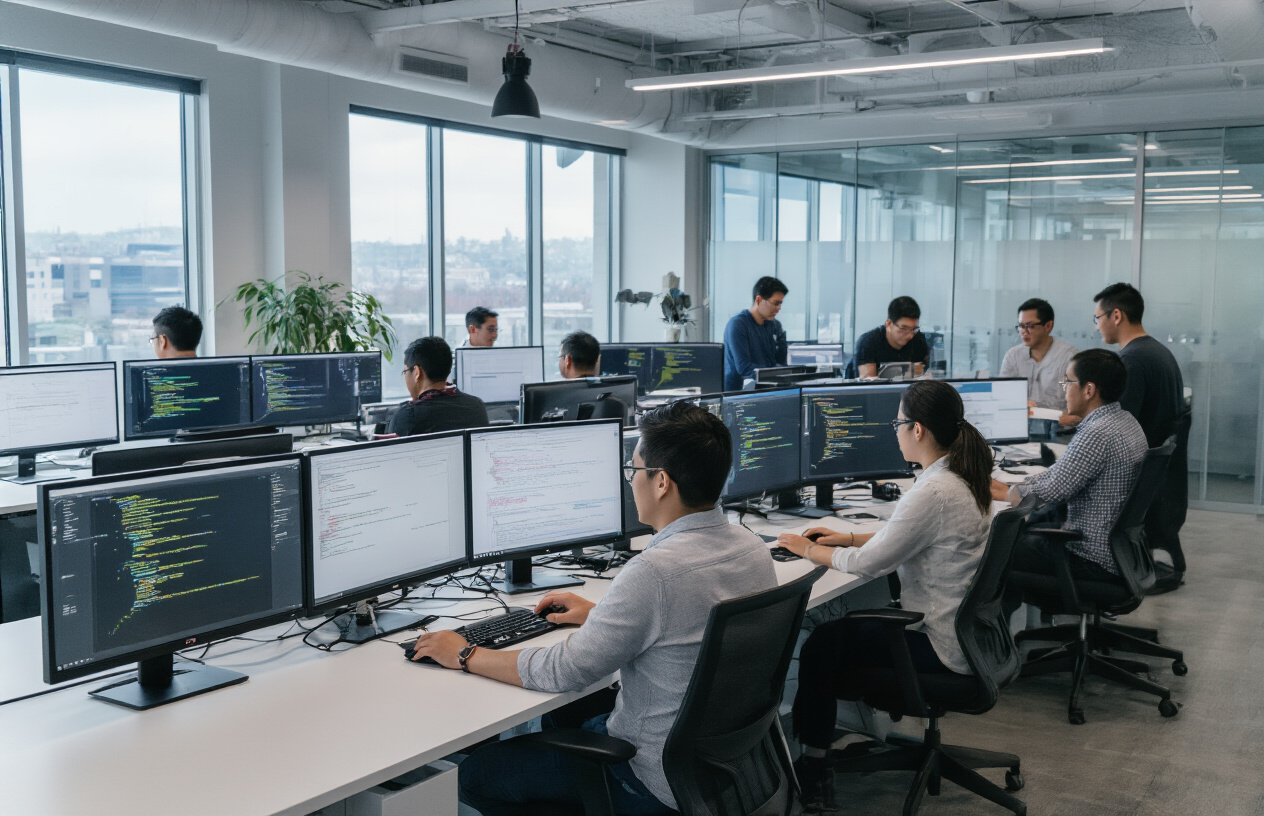 Create a realistic image of a modern tech office environment showing diverse engineers collaborating around computer workstations with multiple monitors displaying code and technical diagrams, featuring a mix of white, Asian, black, and Hispanic male and female engineers engaged in focused discussion and problem-solving, with sleek glass conference rooms visible in the background, contemporary industrial lighting with exposed ceiling elements, and an atmosphere of innovation and teamwork conveying high-performance engineering culture. Absolutely NO text should be in the scene.