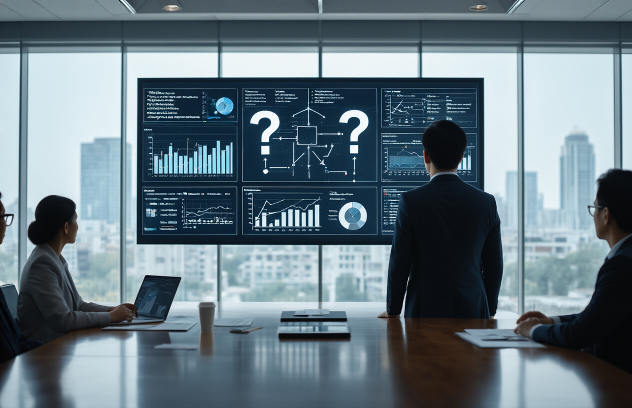 Create a realistic image of an Asian male business executive in a modern corporate boardroom standing before a large digital display showing complex data charts, graphs, and multiple scenario projections with question marks and branching decision trees, while other diverse business professionals sit around a sleek conference table with laptops and documents, the scene lit with professional office lighting creating a focused atmosphere of strategic planning and uncertainty analysis, with a backdrop of floor-to-ceiling windows showing a blurred cityscape, absolutely NO text should be in the scene.