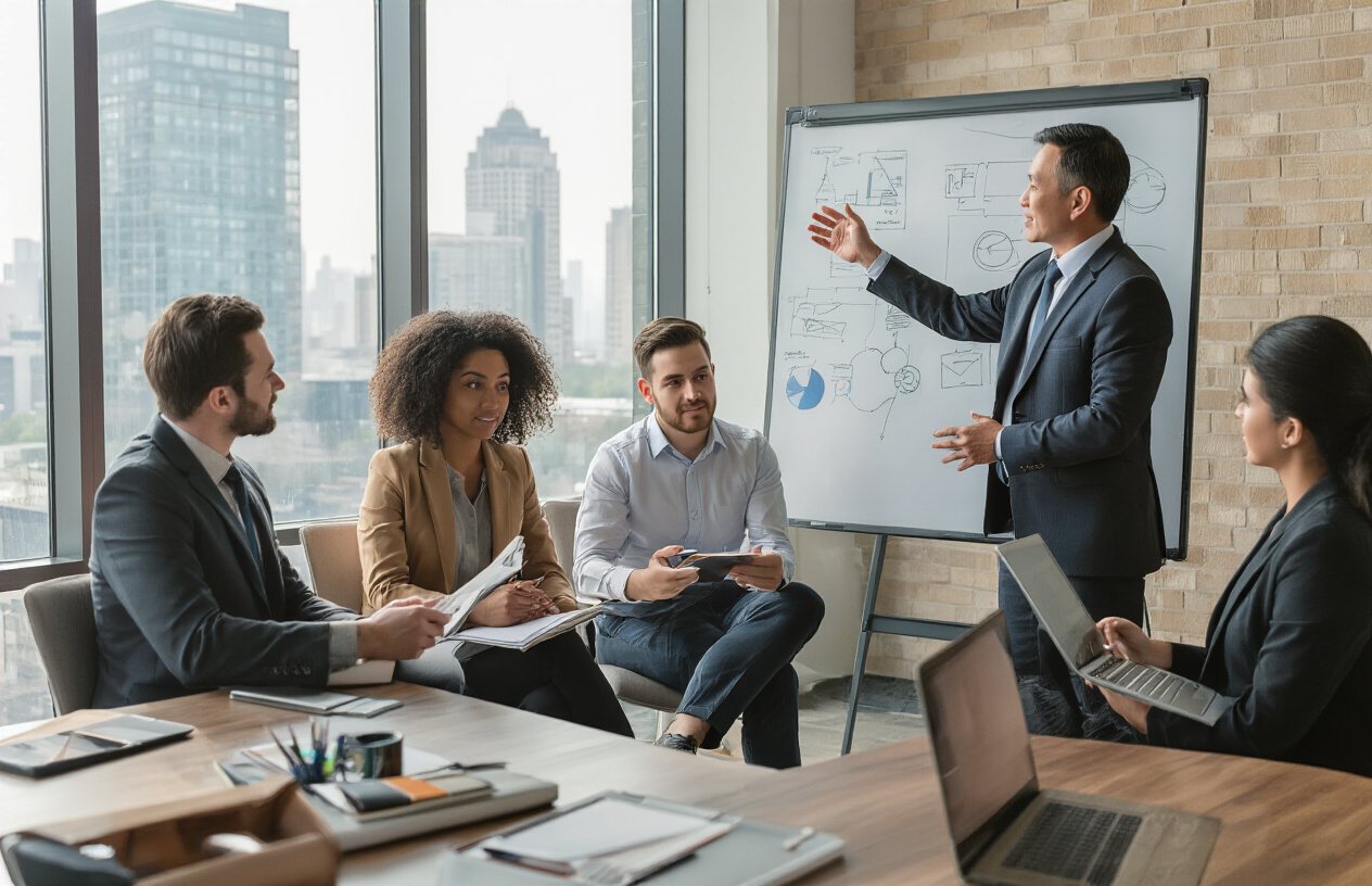 Create a realistic image of a diverse group of professionals in a modern corporate meeting room engaged in a mentoring session, featuring a middle-aged Asian male leader in a business suit gesturing encouragingly while standing beside a large whiteboard, with several seated team members of mixed races and genders including a young Black female, white male, and Hispanic female, all actively participating in discussion with laptops open and notebooks in hand, surrounded by floor-to-ceiling windows showing a city skyline, with warm natural lighting creating an inspiring and collaborative atmosphere that emphasizes growth and empowerment, absolutely NO text should be in the scene.