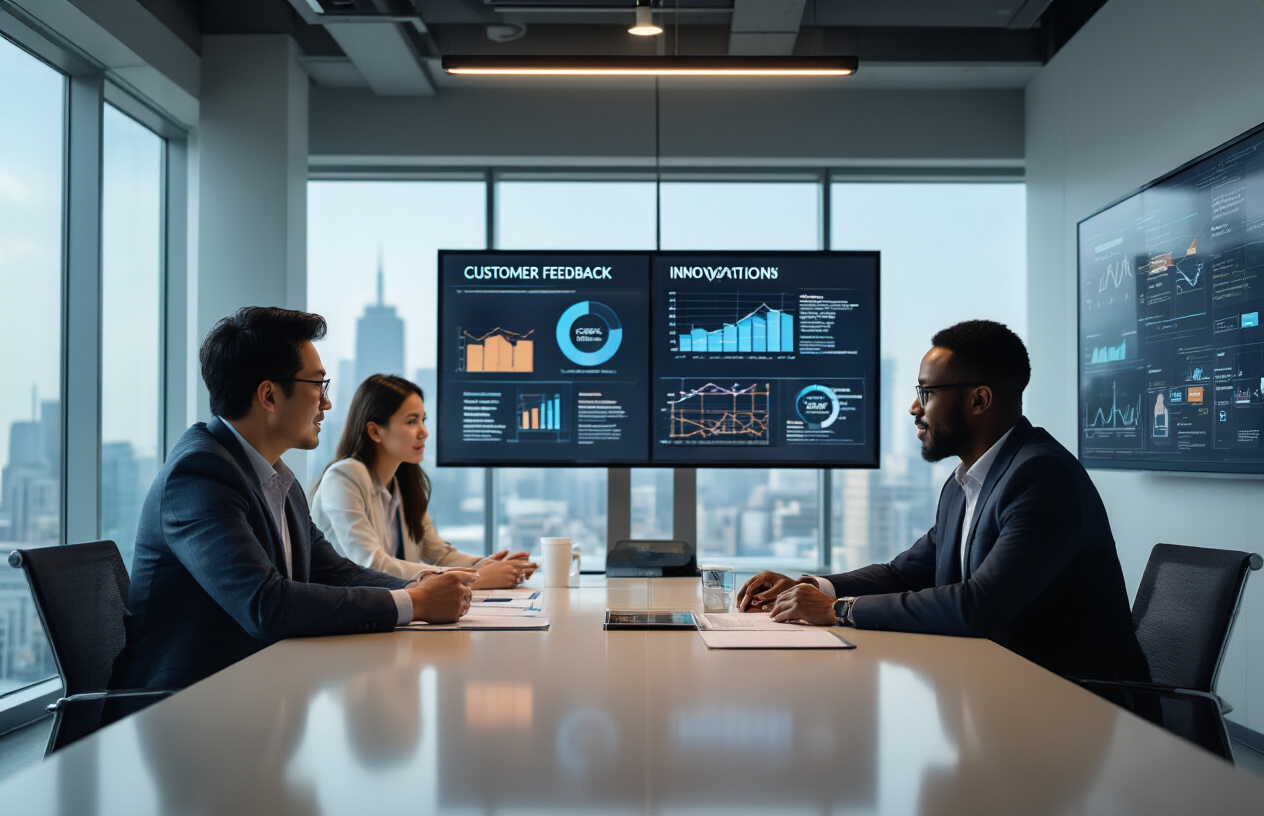 Create a realistic image of a modern tech company boardroom with diverse business professionals including Asian male, white female, and black male executives gathered around a sleek conference table, with large wall-mounted screens displaying customer feedback charts and innovation roadmaps, warm professional lighting illuminating the space, people engaged in collaborative discussion while reviewing customer data and product designs, contemporary corporate office background with glass walls and city skyline visible, conveying an atmosphere of customer-focused strategic planning and innovative thinking, absolutely NO text should be in the scene.