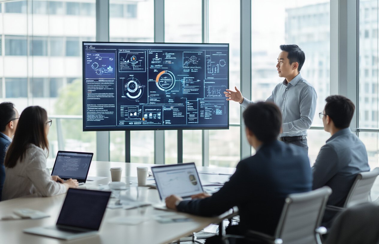 Create a realistic image of an Asian male executive in a modern conference room presenting to a diverse group of technical professionals, with the leader gesturing expressively while standing near a large digital display showing technical diagrams, the audience of mixed gender and race (white, black, Hispanic) software engineers and technical staff listening attentively with laptops open, bright natural lighting streaming through floor-to-ceiling windows, contemporary corporate setting with glass walls and sleek furniture, professional business casual attire, collaborative and engaging atmosphere, absolutely NO text should be in the scene.