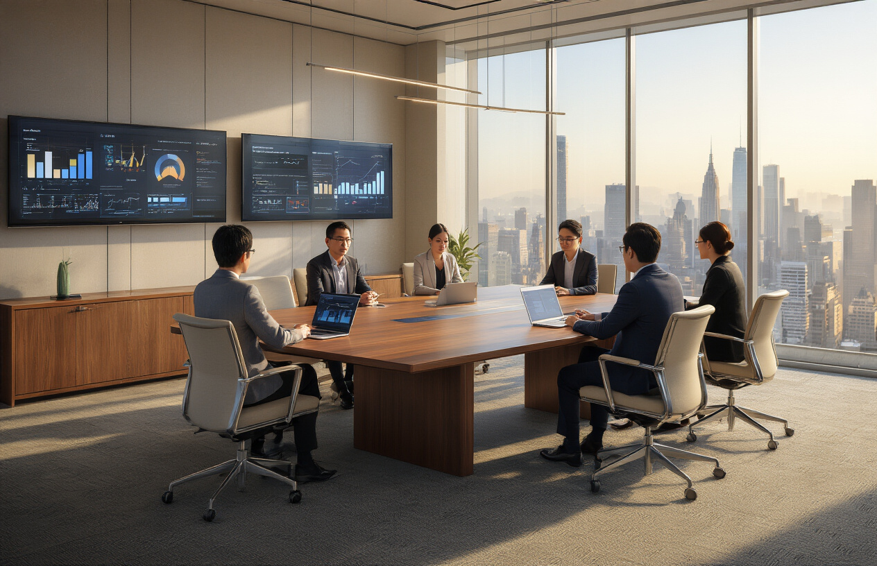 Create a realistic image of a modern corporate boardroom with a large wooden conference table surrounded by ergonomic chairs, floor-to-ceiling windows showing a city skyline in the background, warm natural lighting streaming through the windows, a diverse group of business professionals including white and Asian males and females in business attire engaged in collaborative discussion around advanced technology displays and laptops, innovation charts and graphs visible on wall-mounted screens, the atmosphere conveying leadership, innovation and strategic thinking, with subtle tech company branding elements like modern architecture and sleek design, absolutely NO text should be in the scene.